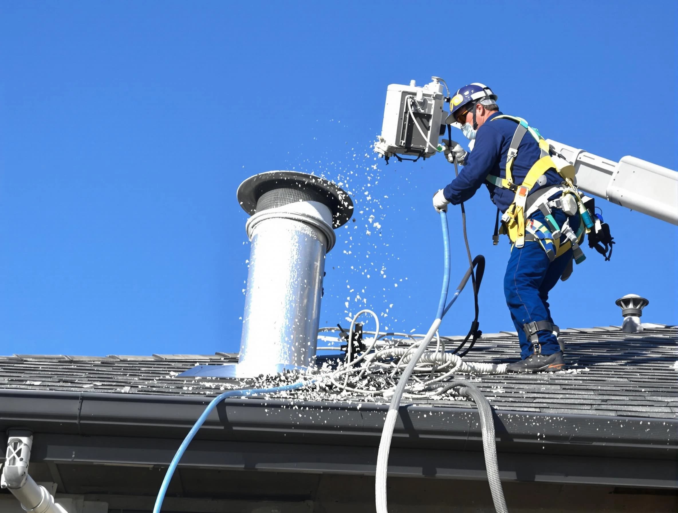 Bosque Farms Dryer Vent Cleaning certified technician safely cleaning a roof-mounted dryer vent in Bosque Farms