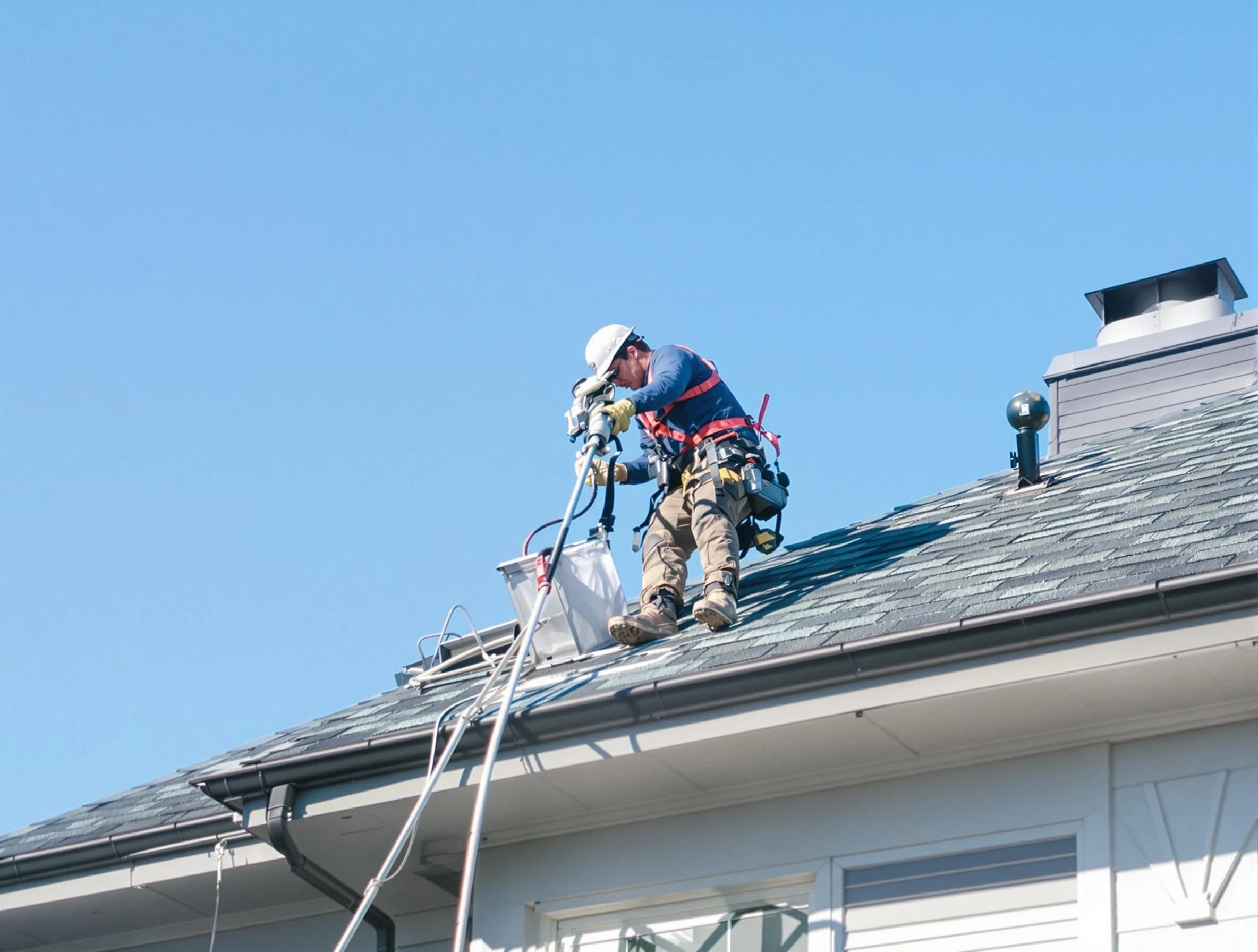 Bosque Farms Dryer Vent Cleaning certified technician cleaning a roof-mounted dryer vent system in Bosque Farms