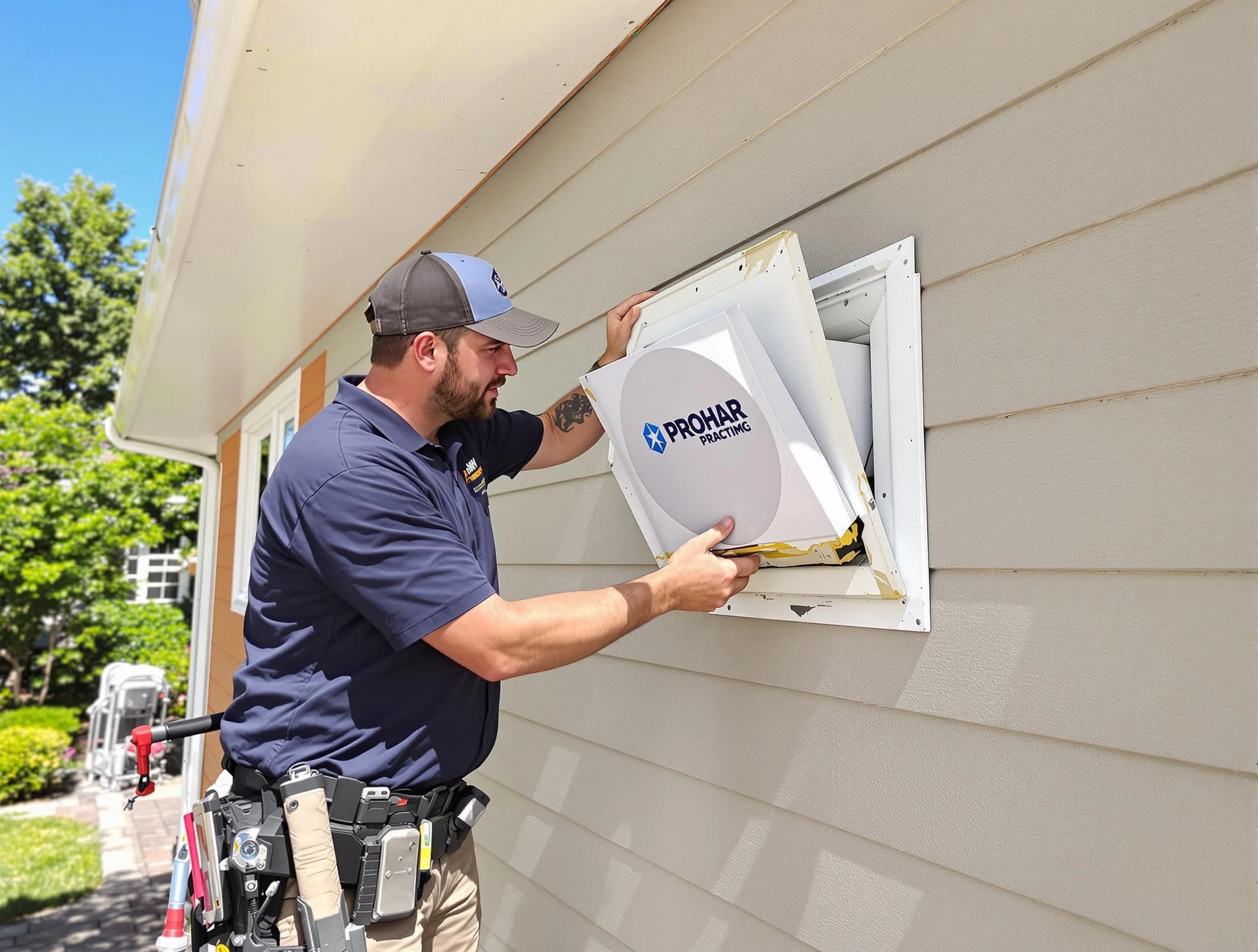 Bosque Farms Dryer Vent Cleaning technician installing a new protective dryer vent cover on a home in Bosque Farms