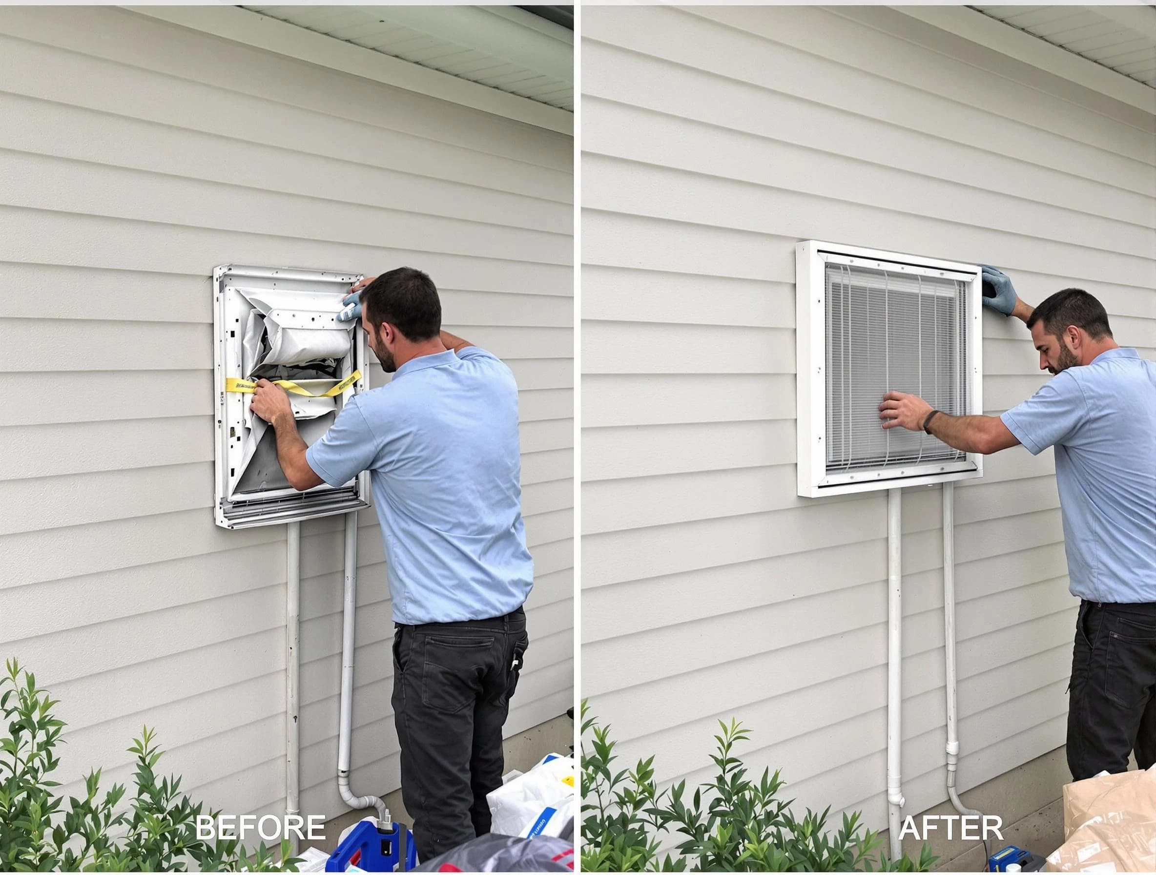 Bosque Farms Dryer Vent Cleaning technician installing high-quality dryer vent cover at a residential property in Bosque Farms